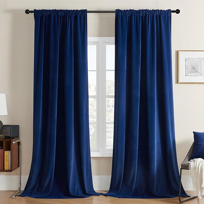 Joydeco Blue Velvet Curtains 72 inch Length 2 Panels Burg Set, Luxury Rod Pocket Thermal Insulated Window Blackout Curtain, Room Darkening Drapes for Living Dining Room Bedroom Privacy