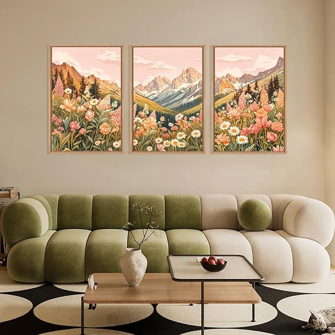 LHIUEM Large Abstract Colorful Mountain Framed Canvas Wall Art,Boho Pink Flower Wall Decor, Nature Wildflower Wall Painting,Bohemian Artwork for Living Room,Bedroom,Dining Room,Office -16"x24"x3