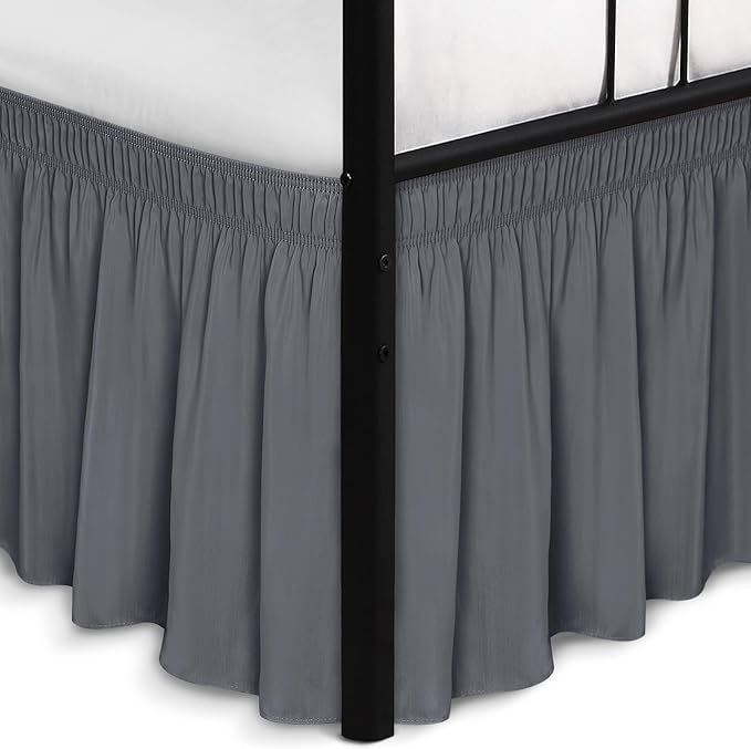Biscaynebay Wrap Around Bed Skirts with Split Corners for Queen Beds 16" Drop, Dark Grey Elastic Dust Ruffles Adjustable Easy Fit Wrinkle & Fade Resistant Silky Luxurious Fabric Machine Washable