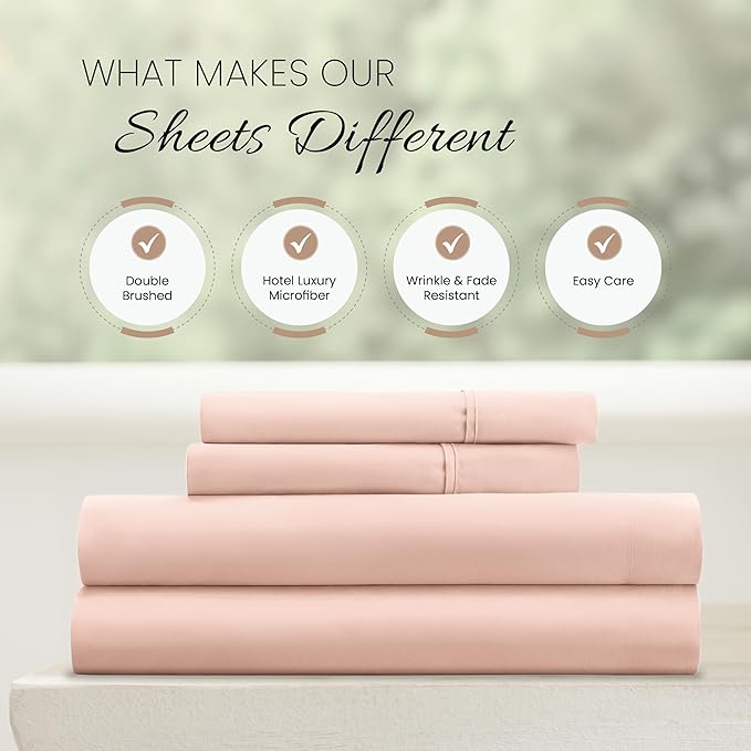 Linen Market Brushed Microfiber Full Sheet Set 4 Piece – Oeko-TEX Certified Ultra Soft & Wrinkle-Free - 16" Deep Pocket Sheets - Easy Care Full Size - Blush
