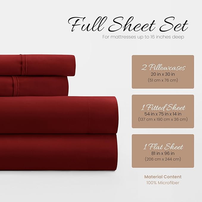 Linen Market Brushed Microfiber Full Sheet Set 4 Piece – Oeko-TEX Certified Ultra Soft & Wrinkle-Free - 16" Deep Pocket Sheets - Easy Care Full Size - Burgundy