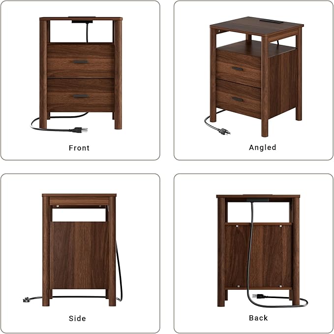 FavourLife Night Stand, 20" Wide Nightstand, Modern Nightstand with Charging Station, 2 Drawer Wooden End Table with Solid Round Post Legs & Open Shelf, Bedside Table w/Storage for Bedroom, Walnut