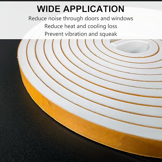 Weather Stripping Door Seal Strip, Strong Adhesive, Weatherproof, Reduce Noise, Gap Filler, Foam Insulation Tape for Doors and Windows (1/2 in x 1/2 in x 13 Ft), White