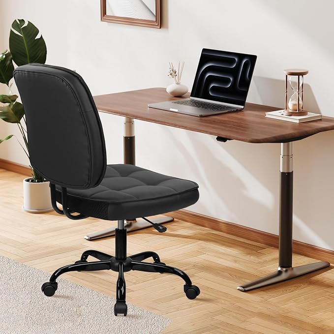 CLATINA Armless Home Office Chair with Lumbar Support and Wheels, Small PU Leather Ergonomic Low Back Desk Chairs No Arms, Adjustable Height 360° Swivel Rolling Computer Task Chair, Black