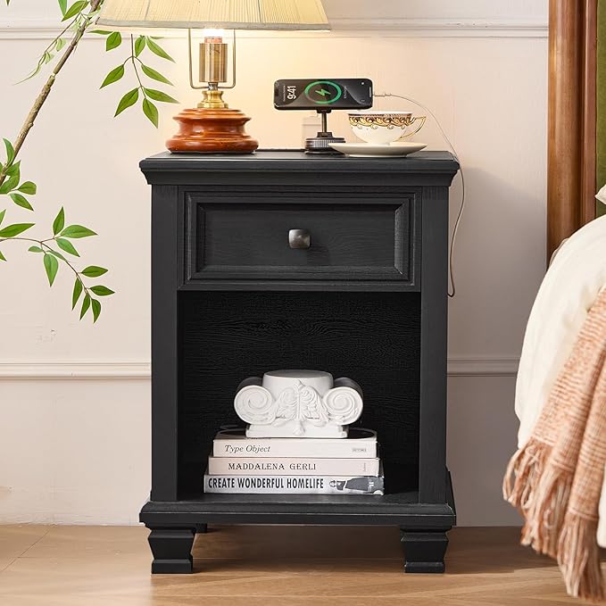 SAVOR LIFE Farmhouse End Tables Living Room Set of 2, Rustic Wood Nightstand with 1 Drawer, Bedside Table with Open Shelf for Bed Room, Side Table for Living Room, Black