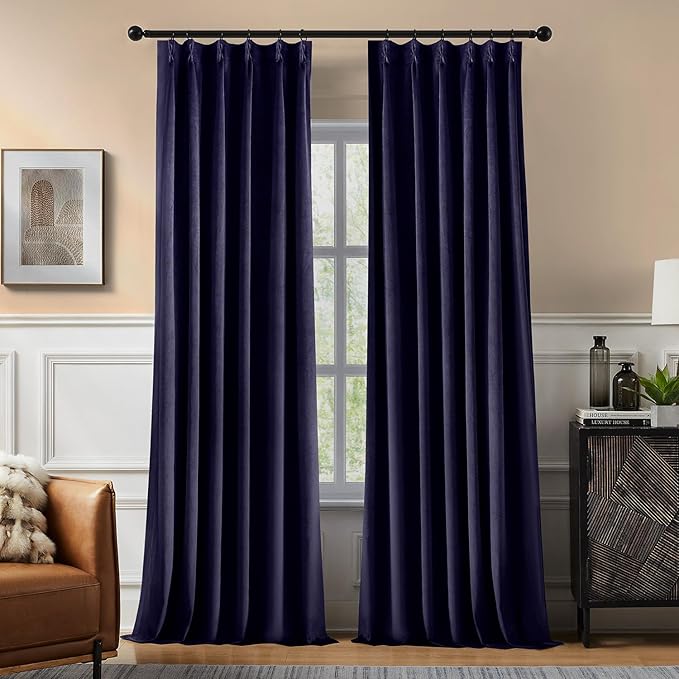 Pinch Pleated 100% Blackout Curtains for Bedroom, Navy Blue Velvet Curtains for Living Room, Black Out Curtain 84 inch Long Room Darkening, Blackout Pinch Pleat Drapes with Hooks 2 Panels