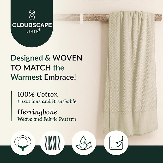 Cloud Scape Linen 100% Cotton Blanket Twin 68x92 Fog - Cozy Herringbone Weave, Fits Up to Twin XL Size Beds, Breathable Softness, All-Season Warmth, Winter Blanket, Bedding Gift Choice