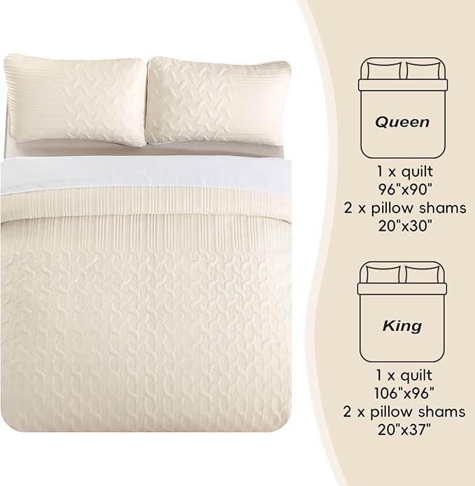 Yiran Beige Quilt Set King Size Lightweight Bedspread Ultrasonic Wave Pattern Soft Microfiber Coverlet for All Season Modern Style 3 Piece Bed Cover Sets with 2 Pillow Shams (106"x96")
