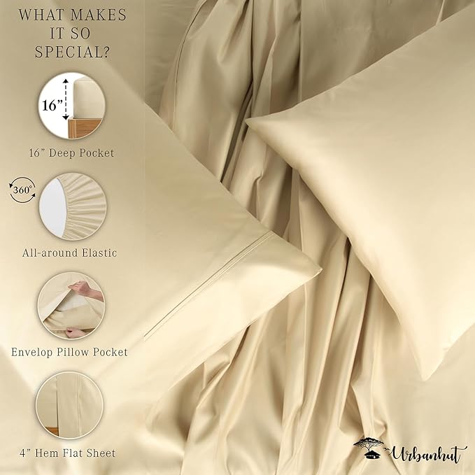 URBANHUT 800 Thread Count 100% Cotton King Size Sheets, Luxury 4 Piece King Bedsheets, Hotel Sheets Sateen Finish - Better Than Egyptian, 16" Elasticized Deep Pocket - Sand