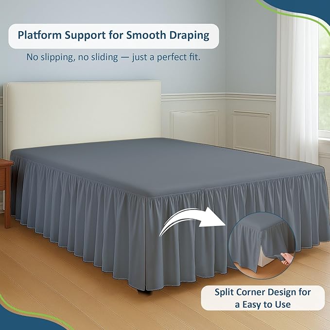 Rajlinen Ruffled Bed Skirt Full XL, 8 Inch Drop Dust Ruffle with Split Corners, 100% Microfiber Bedskirt with Platform, Three-Sided Coverage Ruffled Gathering Design, Dark Grey