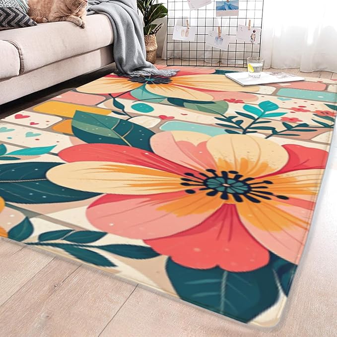 Machine Washable 5' x 7' Bohemian-Style Area Rug, Pink Floor mat, Suitable for bedrooms, Girls' Room Bedside, Living Room, Dining Room, Office, Non-Slip Low-Pile Printed Modern Floral Carpet