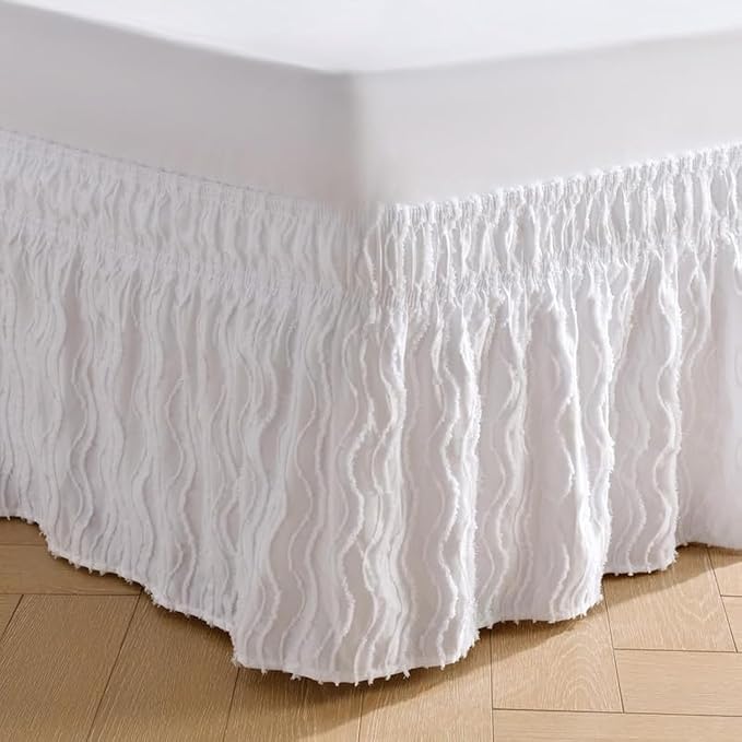 MIYE Wavy Tufted Bed Skirt - Wrap Around Dust Ruffle with Elastic Belts - 15 Inch Drop Easy to Put On - Bedskirt Machine Washable ＆ Wrinkle Resistant(Wavy/White, King/Queen-15 Drop)