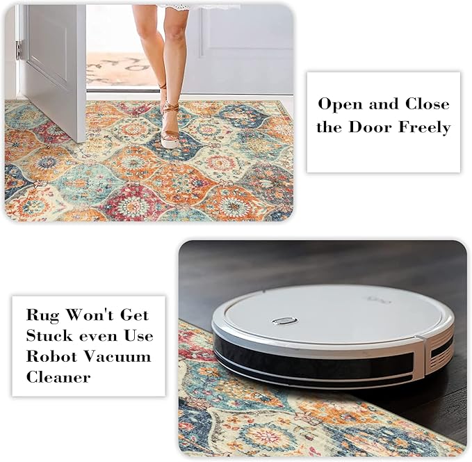 Lahome Moroccan Trellis Washable Round Area Rug, Round Rug 5ft Soft Non-Slip, Non-Shedding Distressed Circle Carpet for Bedroom Living Room Bathroom Nursery Kitchen, Cream/Multi