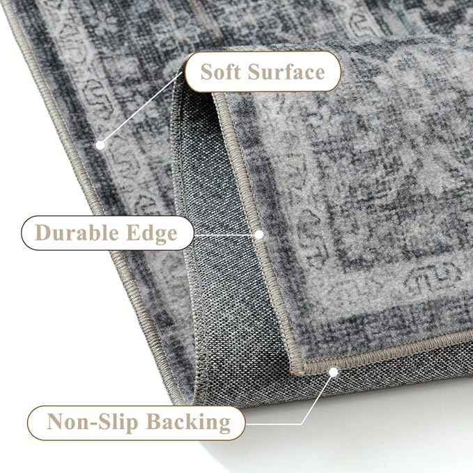 Blue 8x10 Area Rug Non Slip Large Vintage Living Room Distressed Machine Washable Retro Carpet Indoor Bedroom Traditional Floral Accent Throw Rug for Office Kitchen Dorm Dining Room