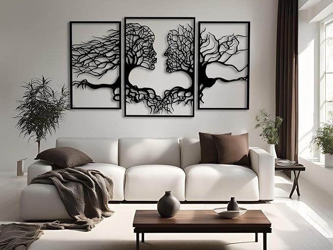 VAILLA Tree of Life Wall Wooden Art Abstract Tree Man Woman Face Large 3D Wooden Wall Decor Set of 3 Hanging Sculpture Modern Home Decoration 3D Textured Sculptures for Living Room Bedroom Office Dinnig Room (71"L x 39"W)