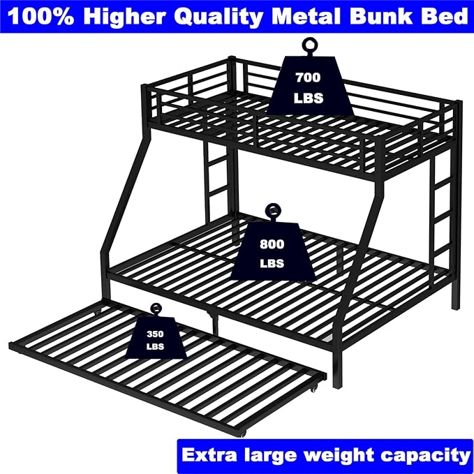 Upgraded Version Thicken Heavy Duty Metal Twin XL Over Queen Bunk Bed with Twin Size Trundle, Modern Style Stronger Twin Over Queen Bunk Bed Frame for Adults, Easy Assembly (Twin XL/Queen)