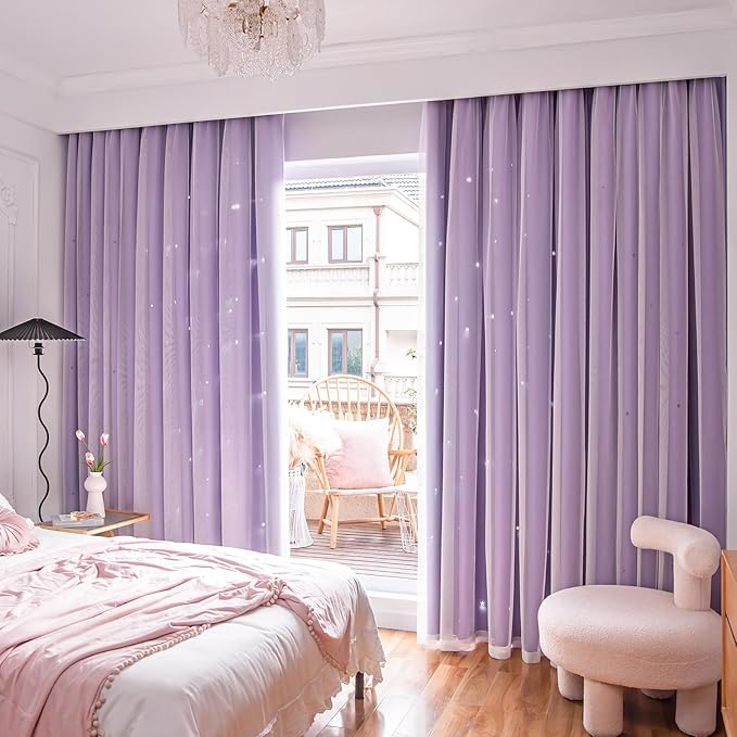 Star Double Layer Blackout Curtains for Bedroom, Kids - Cute, 63 Inch Long, 2 Panels Set, Purple, 42 x 63 Inches