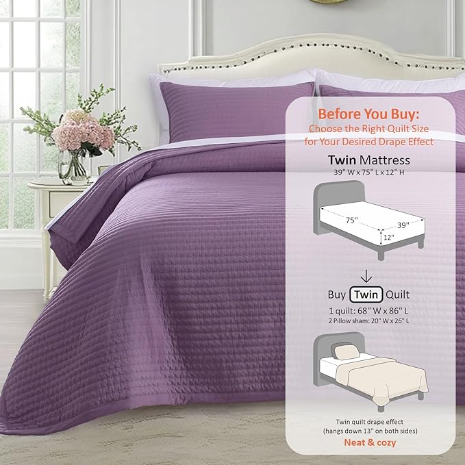 KASENTEX Twin Quilt Set 68"x86" – Soft Washed 3-Layer Lightweight Bedspread, Minimalist Nordic Design, All-Season Spring & Summer Quilt Set (1 Quilt + 2 Pillow Shams),Grape Jam Purple
