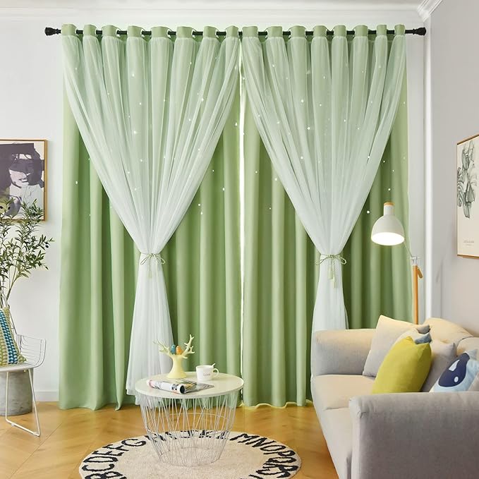 Stars Curtains Double Layer Blackout Bedroom Kids Cute Curtains, 63 Inches Long 2 Panels Set, Green 52 X Inches, × in