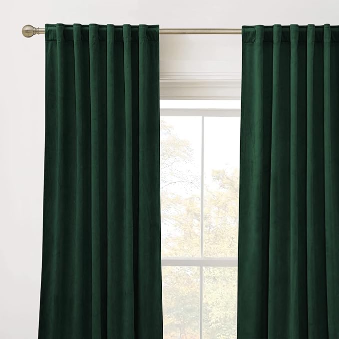 RYB Home Green Living Room Curtains, Vintage Velvet Drape Soft Durable Texture Room Darkening Privacy Window Treatment Decorative Backdrop Thermal Curtain for Bedroom, W52 x L90 inch, 2 Panel