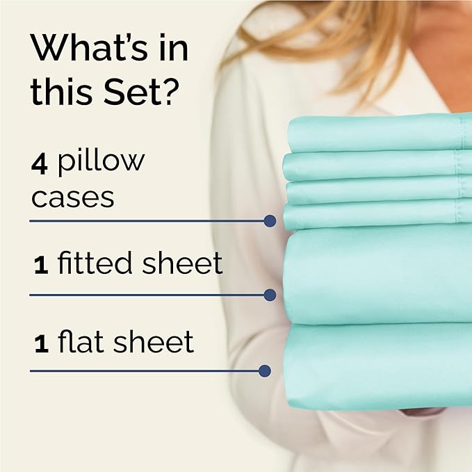 Full 6 Piece Sheet Set - Cooling, Comfy & Breathable - Hotel Luxury Bedding, Includes Fitted Sheet for Women, Men, Kids and Teens - 1 Flat, 1 Fitted Sheet, 4 Pillowcases with Deep Pockets - Spa Blue