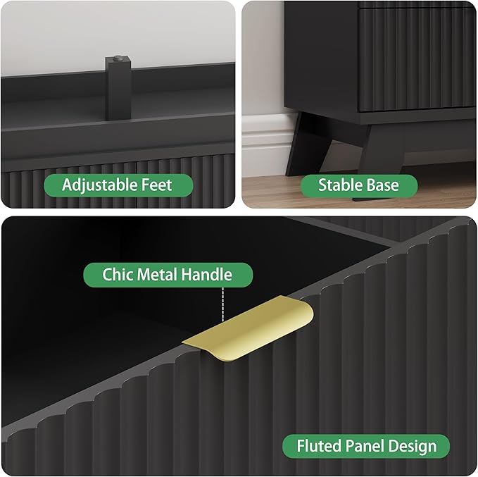 Fluted Dresser for Bedroom with 8 Drawers, 48" Wide Modern Chest of Drawers with Metal Handle, Wooden Dresser TV Stand, Wood Closet Clothes Storage Drawer Organizer for Living Room, Hallway, Black