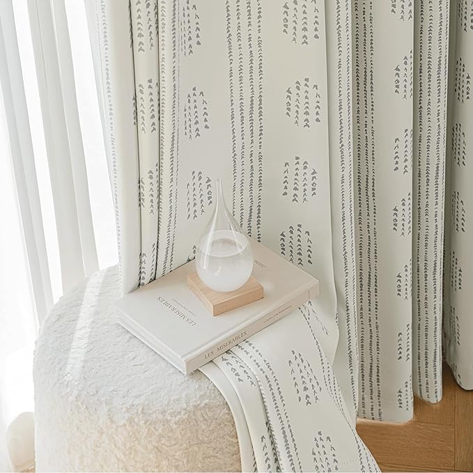 100% Boho Blackout Curtains 84 Inches Long for Bedroom, Grey on Beige Patterned Bohemian Curtains for Living Room, Geometric Striped Thermal Insulated Window Drapes Gromment Top 2 Panels
