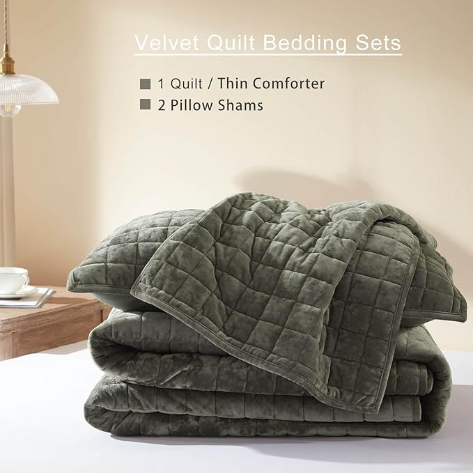 LEAONME Velvet Quilt Full/Queen Size-90''x98'', Lightweight Olive Green Velvet Comforter Set with 2 Pillow Shams, Soft Bedspread Coverlet Quilted Bedding Set for All Season