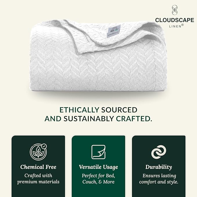 Cloud Scape Linen 100% Cotton Blanket King 92x108 White - Cozy Herringbone Weave, Fits Up to Cal King Beds, Breathable Softness, All-Season Warmth, Heavy Layering Winter Blanket