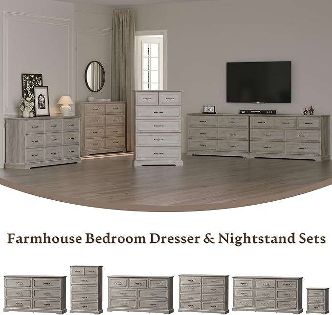 Farmhouse 7 Drawers Dresser for Bedroom, 57" Wide Modern Chest of Drawers with Deep Drawers & Bar Handles, Rustic Wood Dresser TV Stand, Wooden Closet Storage Organizer for Living Room, Hallway, Grey