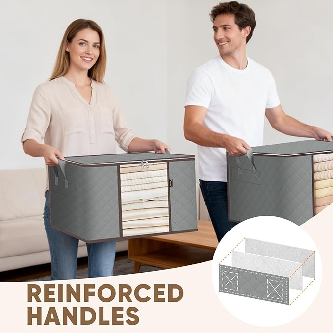 BALEINE 4 Pack Clothes Storage Bags, 24 Gallon Storage Containers with Reinforced Handle, Sturdy Zipper, Closet Organizer for Blanket, Comforter, Pillow, Bedding (Grey, 4 Pack)
