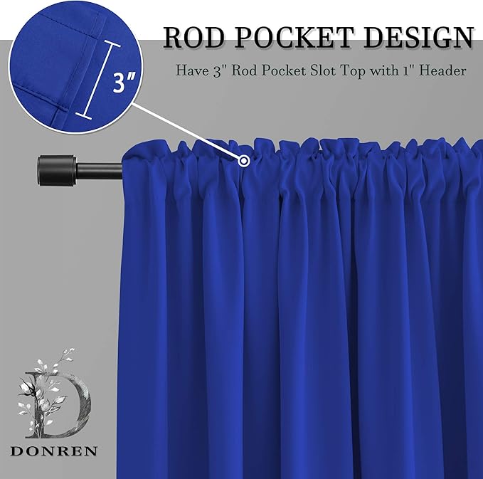 DONREN 2 Panels Royal Blue Blackout Curtain Panels for Bedroom - Thermal Insulated Solid Rod Pocket Curtains (52 x 96 Inches)
