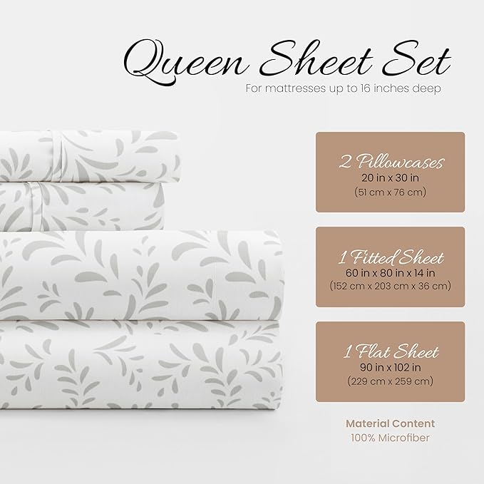 Linen Market Double-Brushed Patterned Microfiber Queen Sheet Set 4 Piece – Oeko-TEX Certified Ultra Soft & Wrinkle-Free - 16" Deep Pocket Sheets - Easy Care Queen Size - Burst of Vines Light Gray