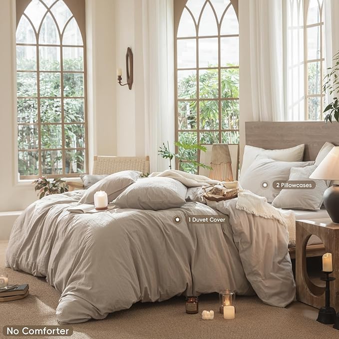 MooMee Wavy Striped Duvet Cover Set 100% Washed Cotton Linen Like Textured Breathable Durable Soft Comfy (Beige, Super King Plus 120"x120")