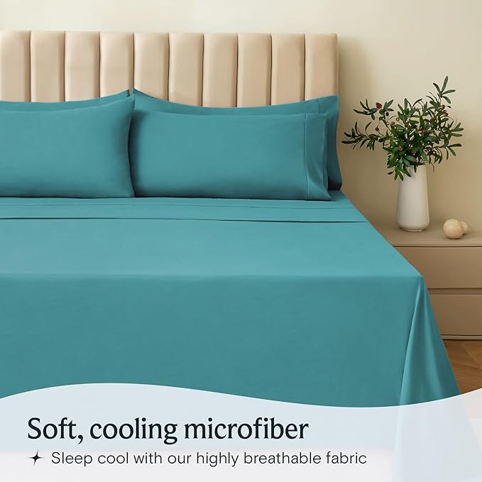 LuxClub 4 PC King Sheet Set, Deep Pockets Wrinkle Free Cooling Bed Sheets Hotel Bedding for Women, Men, Includes 1 Fitted Sheet, 1 Flat Sheet and 2 Pillowcases-Soft Teal