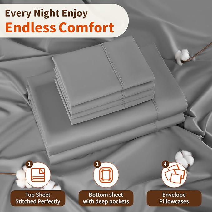 LBRO2M 1000 Thread Count 100% Egyptian Cotton Sheets Set 6 Piece Sets Full Size Bed Sheet Deep Pocket Sheet Set 16" Soft Comfortable All Season (Full, Gray)