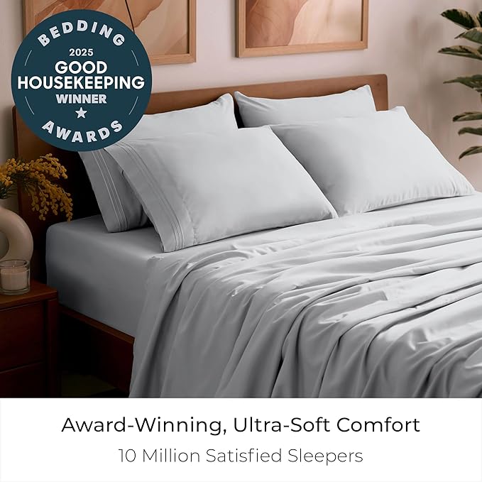 Mellanni California King Sheet Set - 6-Piece Iconic Collection Bedding, (Including 4 Pillowcases), 21-Inch Extra Deep Pocket, Easy Care, Ultra Soft, Cooling Sheets, Brushed Microfiber - Light Gray