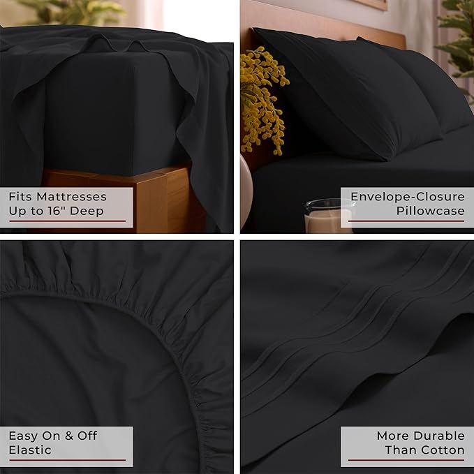 Mellanni Split King Sheet Set - 7-Piece Iconic Collection Bedding, (Including 4 Pillowcases), 16-Inch Deep Pocket, Easy Care, Extra Soft, Cooling Sheets, Brushed Microfiber - Black