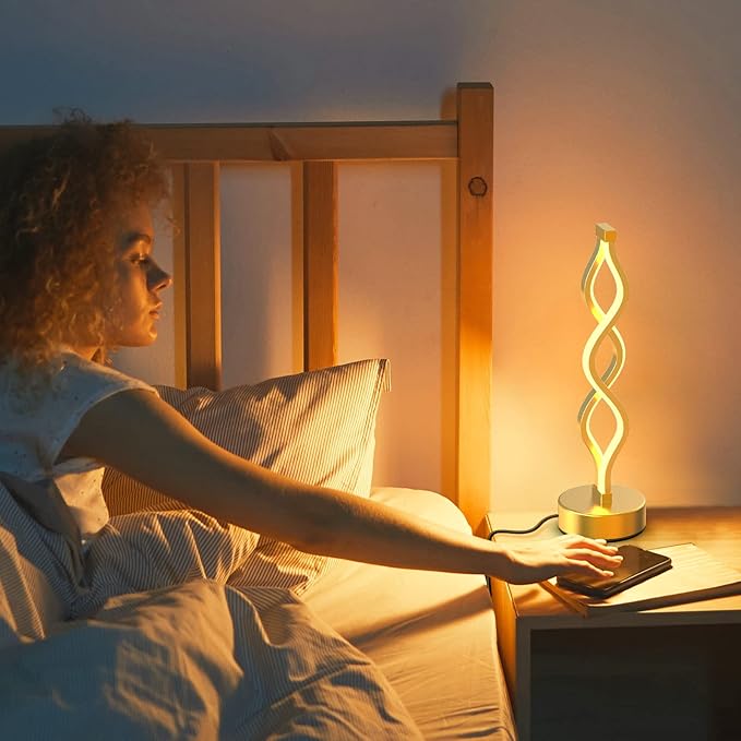 NUÜR Gold Infinity Spiral LED Table Lamp, Lamps for Bedrooms Dimmable Metallic Bedside Lamp with Touch Controller, 3 Colour Temperature, 15.8 Inch Height for Living Room