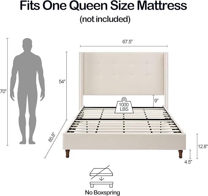 Queen Size Upholstered Bed Frame, 54" Tall Headboard Platform Bedframes with Nail Head Decorative Wingback, Hand Buttoned Tufting Headboard Beds/No Box Spring Needed/Minimalism, Ivory Velvet