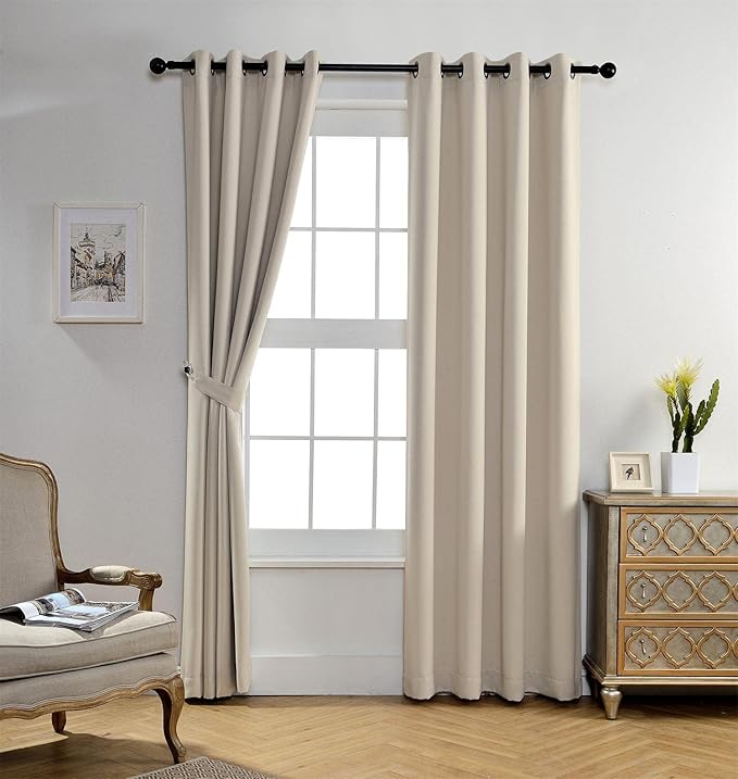 MIUCO Room Darkening Grommet Blackout Window Curtains Panels for Bedroom Set of 2 52x84 Inch Begie, Bonus 2 Tie Backs Included