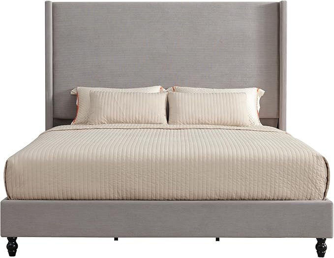 Queen Bed Frame with 63" Tall Headboard, Horizontal Fine Corduroy Bed Frame with Wingback, Upholstered Platform Bed, Vintage Solid Wood Gourd Legs, No Box Spring Needed, Gray