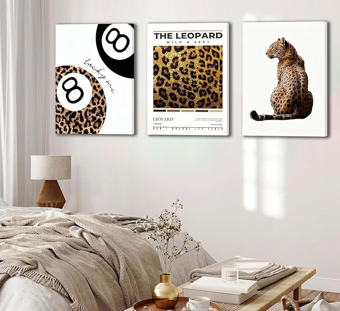 Trendy Leopard Framed Set of 3 Canvas Poster Prints,Picture Modern Artwork Wall Art for Home Décor,Perfect for Adds Wilderness & Elegance to Living Room,Bedroom or Any Interior Space,16Lx12W