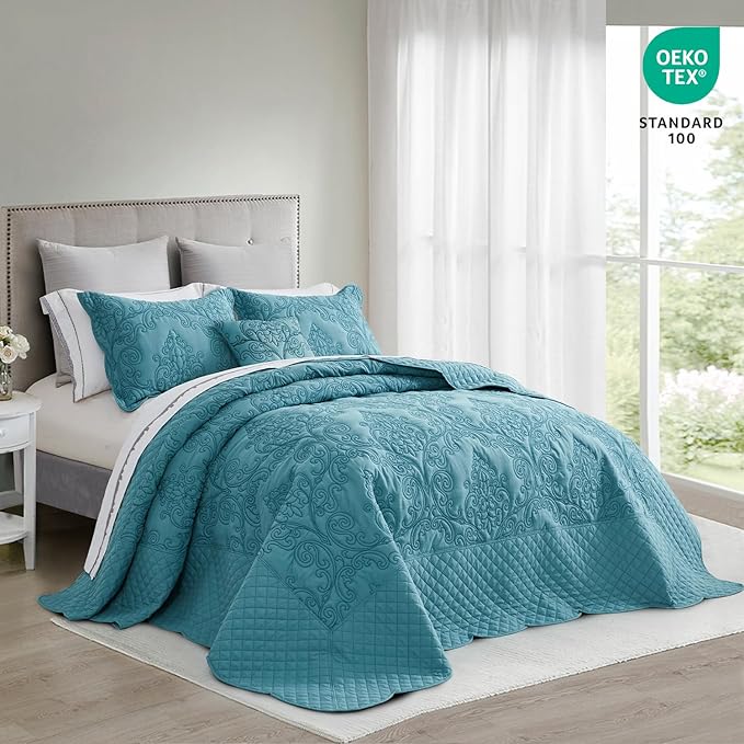 CHIXIN Bedspread Coverlet Set Queen Size - Lightweight Bedding Cover - Beautiful Stitching - 5 Piece Reversible Bedspread - Luxury Damask Paisley Pattern (Queen, Lagoon)