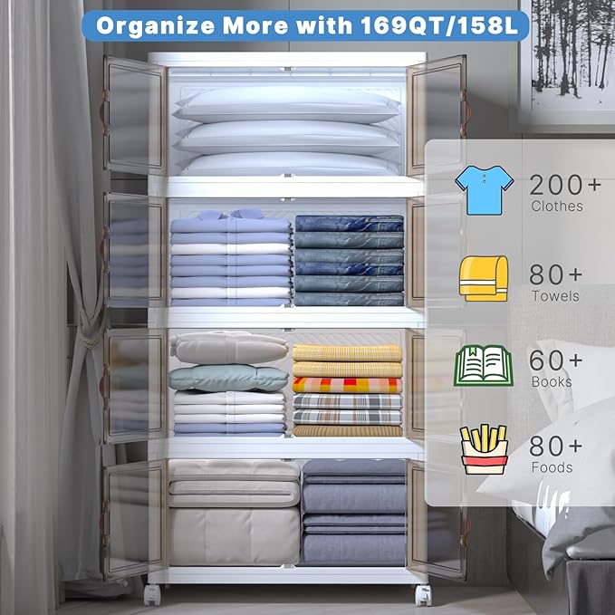 Extra Large Stackable Storage Bins with Lids&Wheels,660QT-165QT/41GAL*4Pack Collapsible Container Closet Organizers,Plastic Stackable Storage drawers for bedroom Dorm