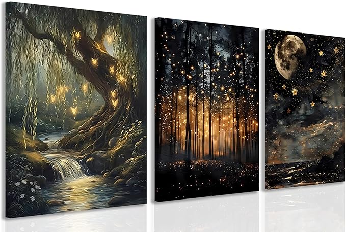RYZopmuy Forest Wall Art Set – 3 Framed Moon & Fireflies Canvas Prints, Calming Nature-Inspired Décor for Modern Homes