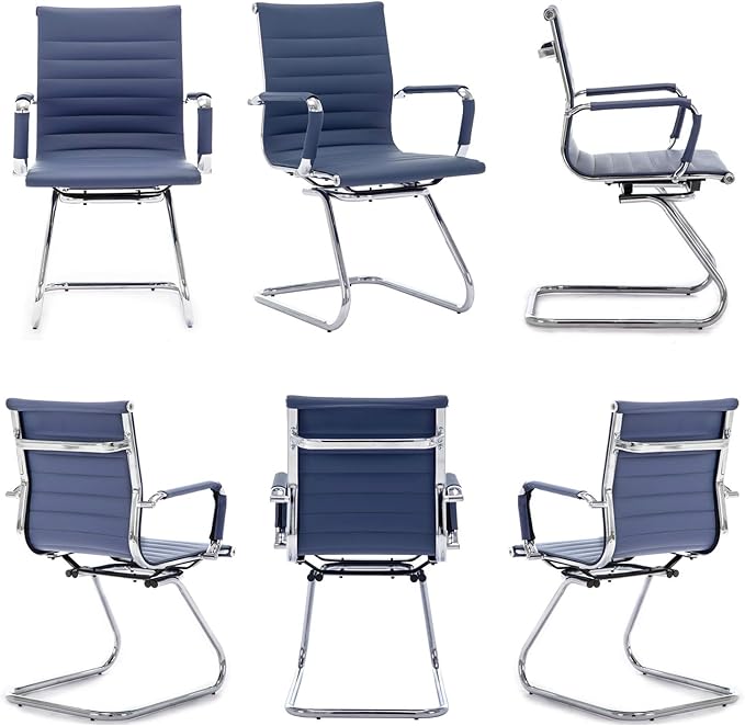 Wahson Office Guest Chairs Set of 10, Leather Reception Chairs, Mid Back Waiting Room Chair, Conference Chairs with Sled Base, Desk Chair No Wheels for Meeting/Lobby/Restroom, Navy Blue
