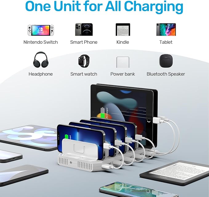 Unitek Multi Charging Station, 10-Port USB Charger for Multiple Device with SmartIC Tech and Adjustable Dividers, Organizer Stand Compatible with iPad, Tablet, Kindle, iPhone