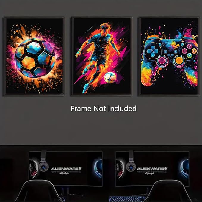 Canvas Wall Art Poster Decor, Paintings Art Game Controller Color Splash Ink Canvas Painting, Posters for Room Aesthetic, Soccer Wall Art for Boys Room Decor 12x16 - Unframed Set of 3