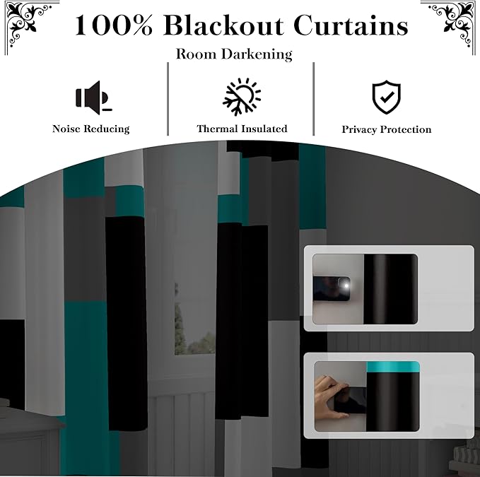 Teal/Turquoise 100% Blackout Curtains 45 inch Length 2 Panels Set Black White Grey Modern Abstract Geometric Drapes for Kitchen Curtains Insulated Room Darkening Small Window Curtains, 52Wx45L